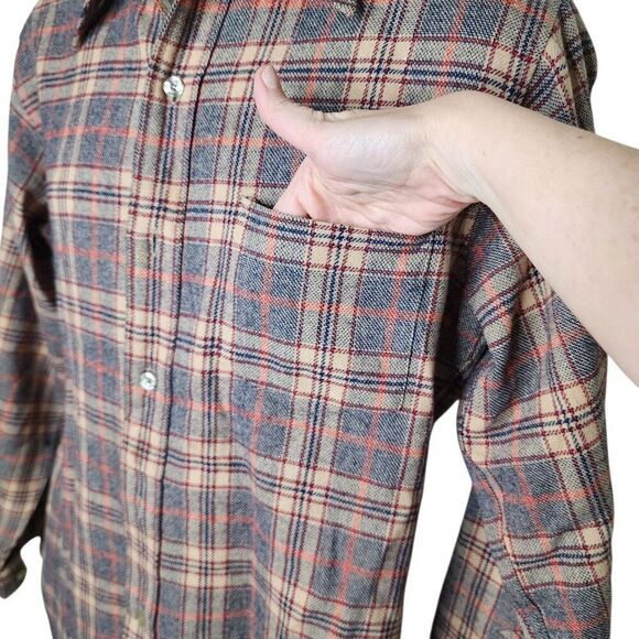 Vintage 70s Pendleton Long Sleeve Wool Button Up Shirt Mens M Plaid Beige - Picture 2 of 7